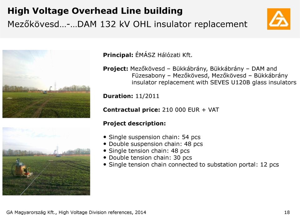 insulators Duration: 11/2011 Contractual price: 210 000 EUR + VAT Project description: Single suspension chain: 54 pcs Double suspension chain: 48