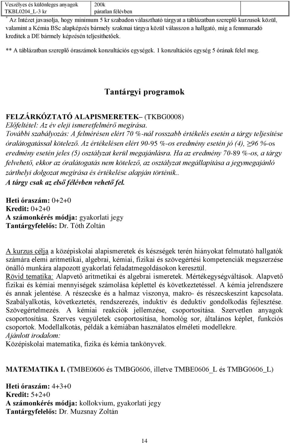 1 konzultációs egység 5 órának felel meg. Tantárgyi programok FELZÁRKÓZTATÓ ALAPISMERETEK (TKBG0008) Előfeltétel: Az év eleji ismeretfelmérő megírása.
