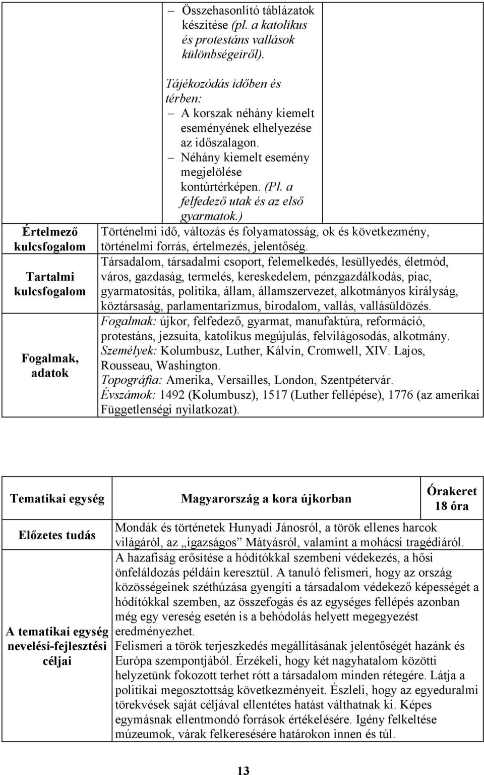 a felfedezı utak és az elsı gyarmatok.) Történelmi idı, változás és folyamatosság, ok és következmény, történelmi forrás, értelmezés, jelentıség.