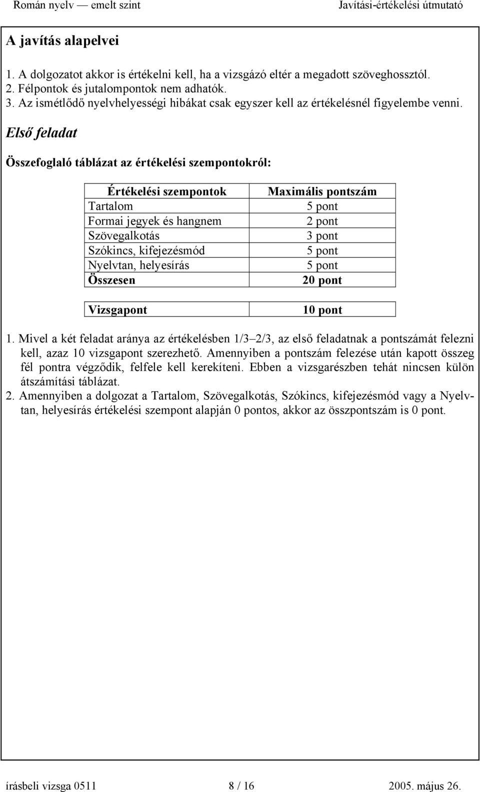 Első feladat Összefoglaló táblázat az értékelési szempontokról: Értékelési szempontok Tartalom Formai jegyek és hangnem Szövegalkotás Szókincs, kifejezésmód Nyelvtan, helyesírás Összesen Vizsgapont