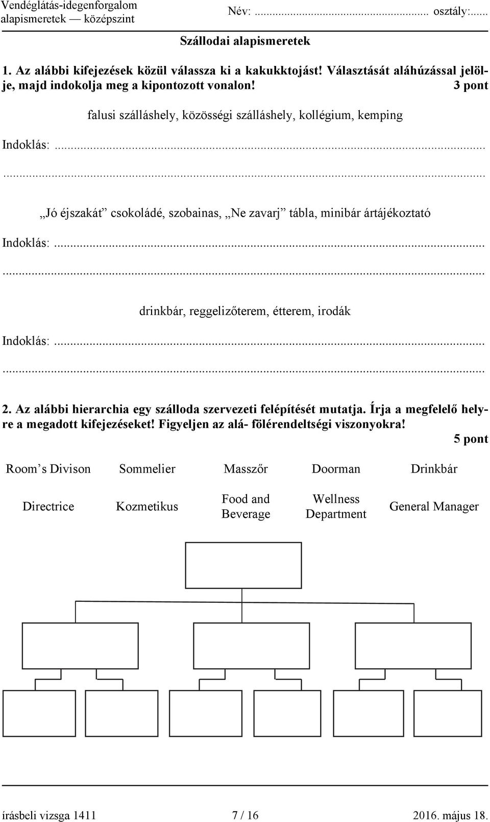 .. drinkbár, reggelizőterem, étterem, irodák Indoklás:... 2. Az alábbi hierarchia egy szálloda szervezeti felépítését mutatja. Írja a megfelelő helyre a megadott kifejezéseket!