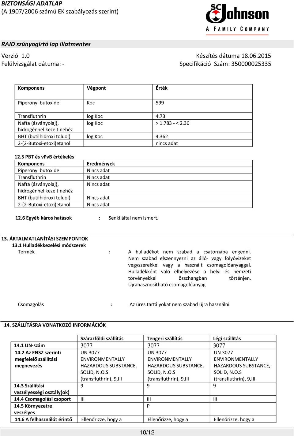 5 PBT és vpvb értékelés Komponens Piperonyl butoxide Transfluthrin Nafta (ásványolaj), hidrogénnel kezelt nehéz BHT (butilhidroxi toluol) 2-(2-Butoxi-etoxi)etanol Eredmények Nincs adat Nincs adat