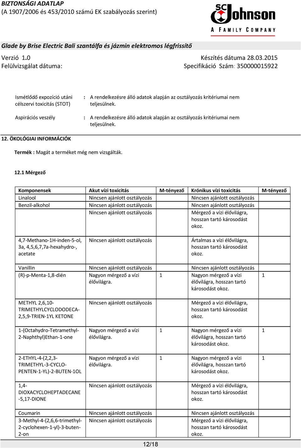 ÖKOLÓGIAI INFORMÁCIÓK Termék : Magát a terméket még nem vizsgálták. 12.