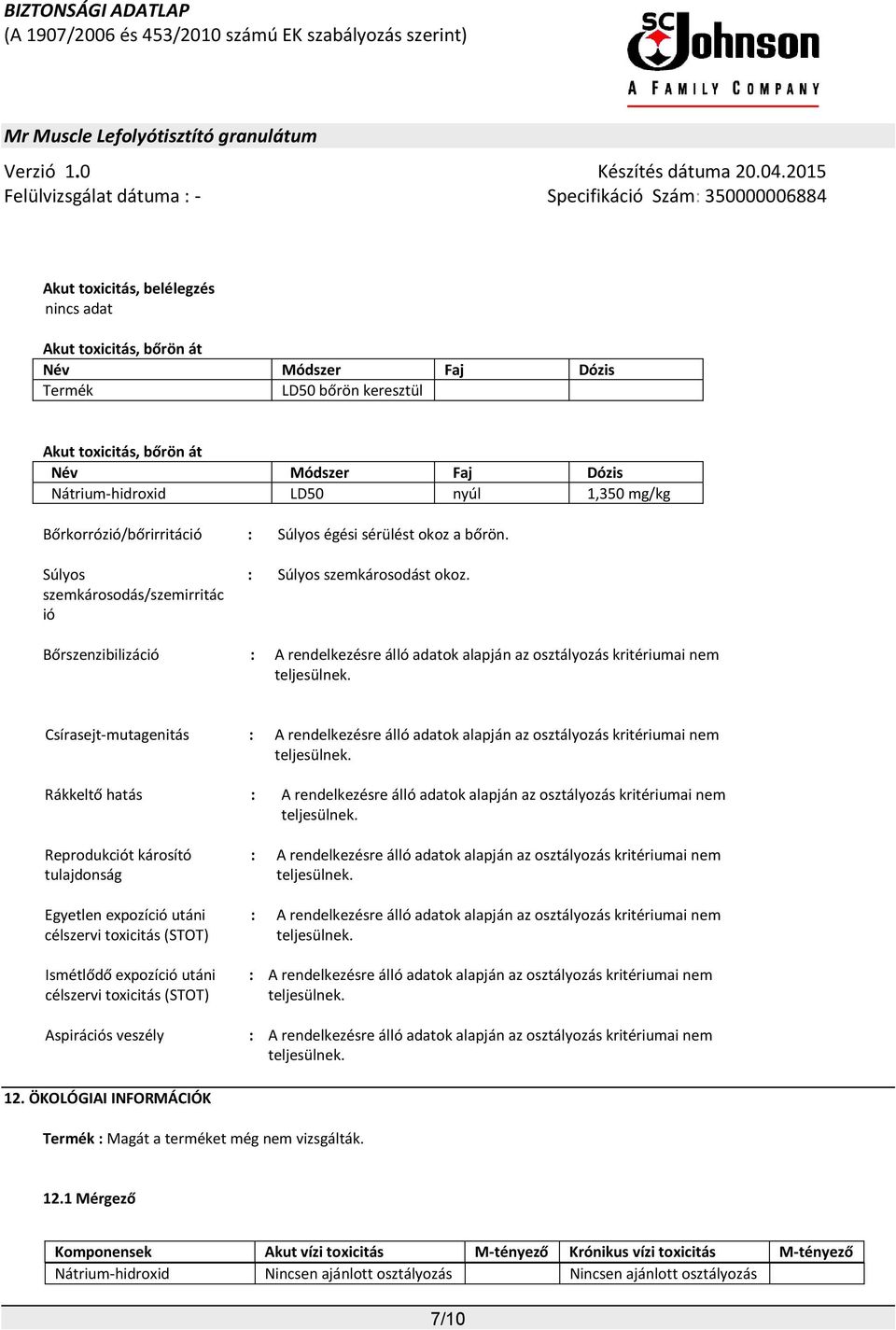 Bőrszenzibilizáció : A rendelkezésre álló adatok alapján az osztályozás kritériumai nem Csírasejt-mutagenitás : A rendelkezésre álló adatok alapján az osztályozás kritériumai nem Rákkeltő hatás : A