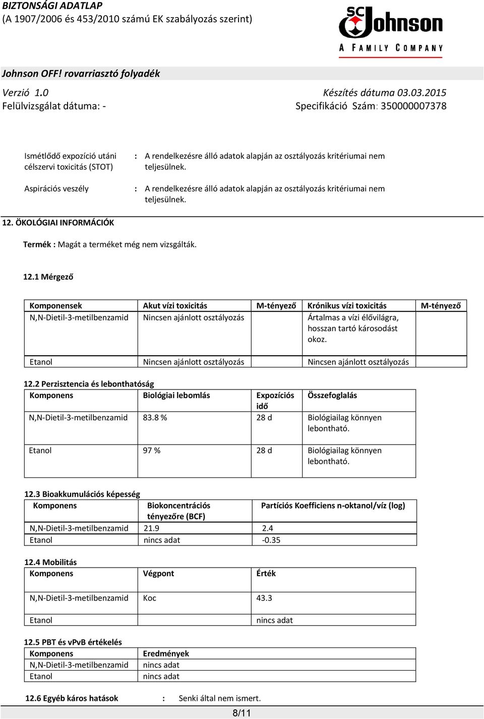 ÖKOLÓGIAI INFORMÁCIÓK Termék : Magát a terméket még nem vizsgálták. 12.