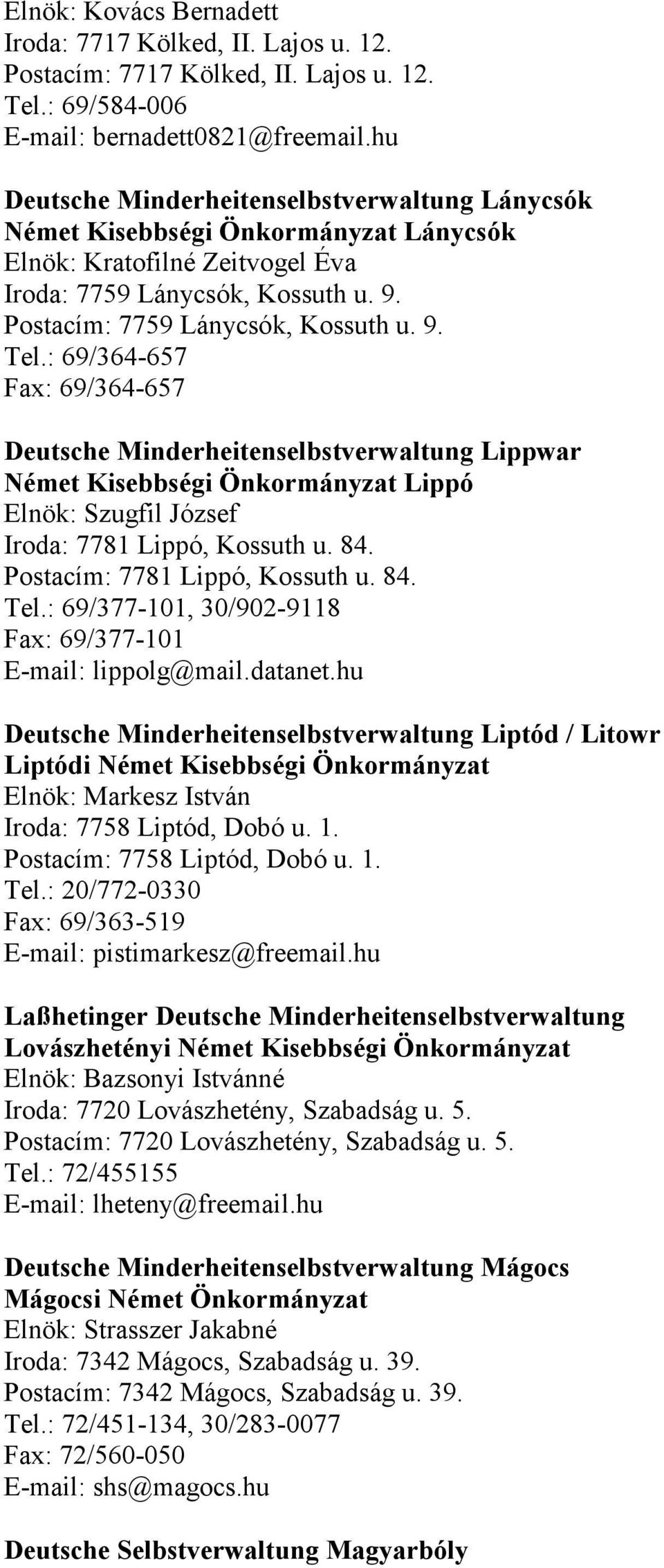 : 69/364-657 Fax: 69/364-657 Deutsche Minderheitenselbstverwaltung Lippwar Német Kisebbségi Önkormányzat Lippó Elnök: Szugfil József Iroda: 7781 Lippó, Kossuth u. 84. Postacím: 7781 Lippó, Kossuth u.