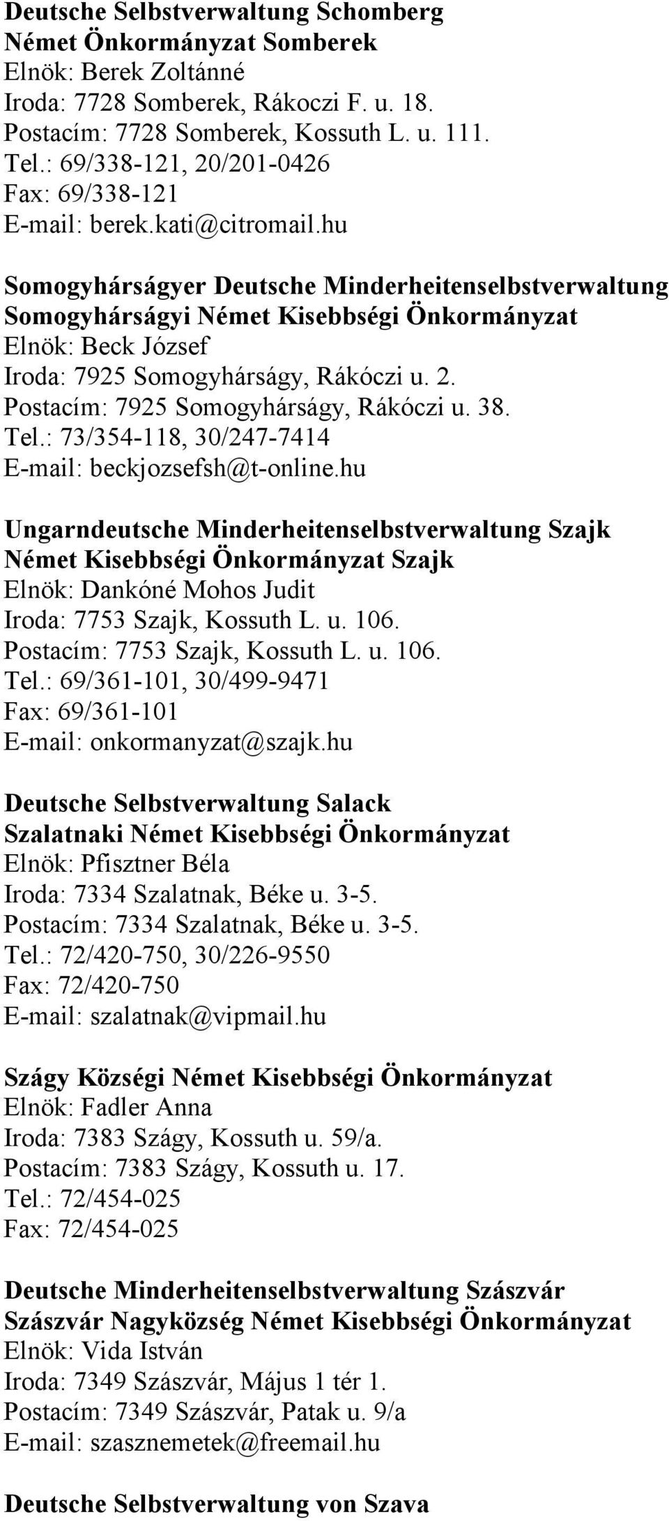 hu Somogyhárságyer Deutsche Minderheitenselbstverwaltung Somogyhárságyi Német Kisebbségi Önkormányzat Elnök: Beck József Iroda: 7925 Somogyhárságy, Rákóczi u. 2.