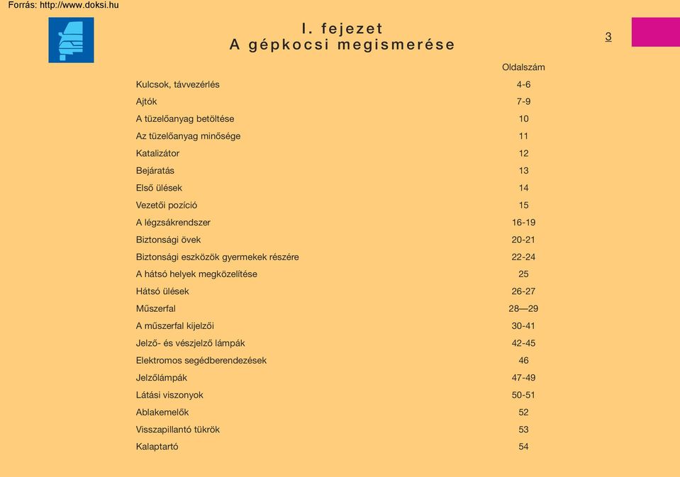 gyermekek részére 22-24 A hátsó helyek megközelítése 25 Hátsó ülések 26-27 Mûszerfal 28 29 A mûszerfal kijelzôi 30-41 Jelzô- és