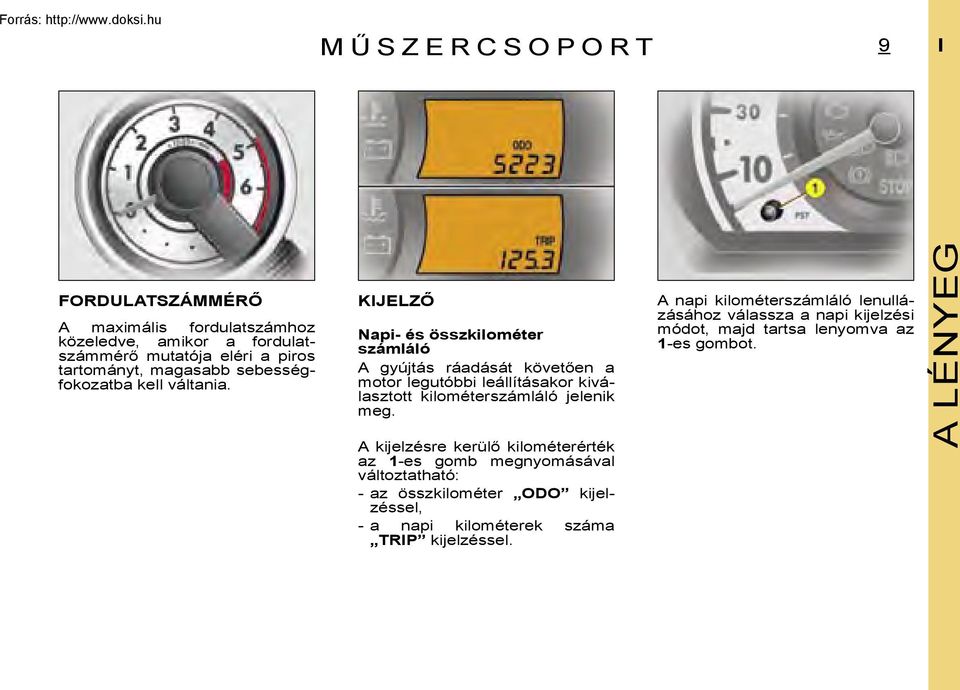 KIJELZŐ Napi- és összkilométer számláló A gyújtás ráadását követően a motor legutóbbi leállításakor kiválasztott kilométerszámláló jelenik meg.