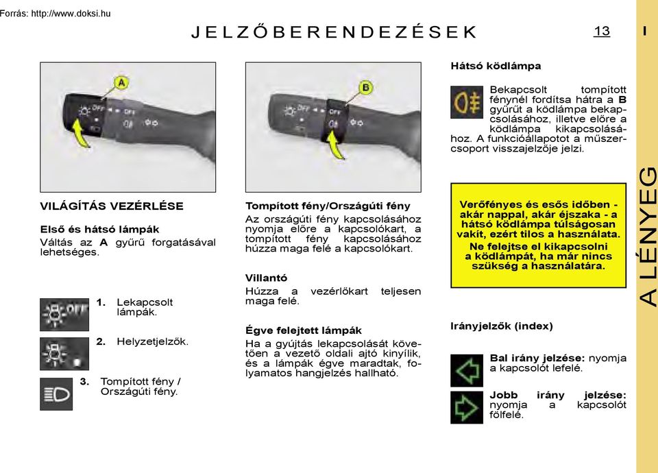 Tompított fény / Országúti fény. Tompított fény/országúti fény Az országúti fény kapcsolásához nyomja előre a kapcsolókart, a tompított fény kapcsolásához húzza maga felé a kapcsolókart.