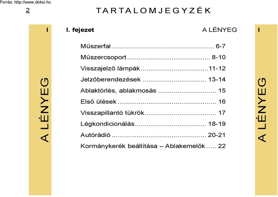 .. 13-14 Ablaktörlés, ablakmosás... 15 Első ülések... 16 Visszapillantó tükrök.