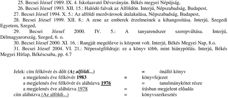 IV. 5.: A tanyarendszer szerepváltása. Interjú, Délmagyarország, Szeged, 6. o. 30. Becsei József 2000. XI. 16. : Rangját megelızve is központ volt. Interjú, Békés Megyei Nap, 8.o. 31.