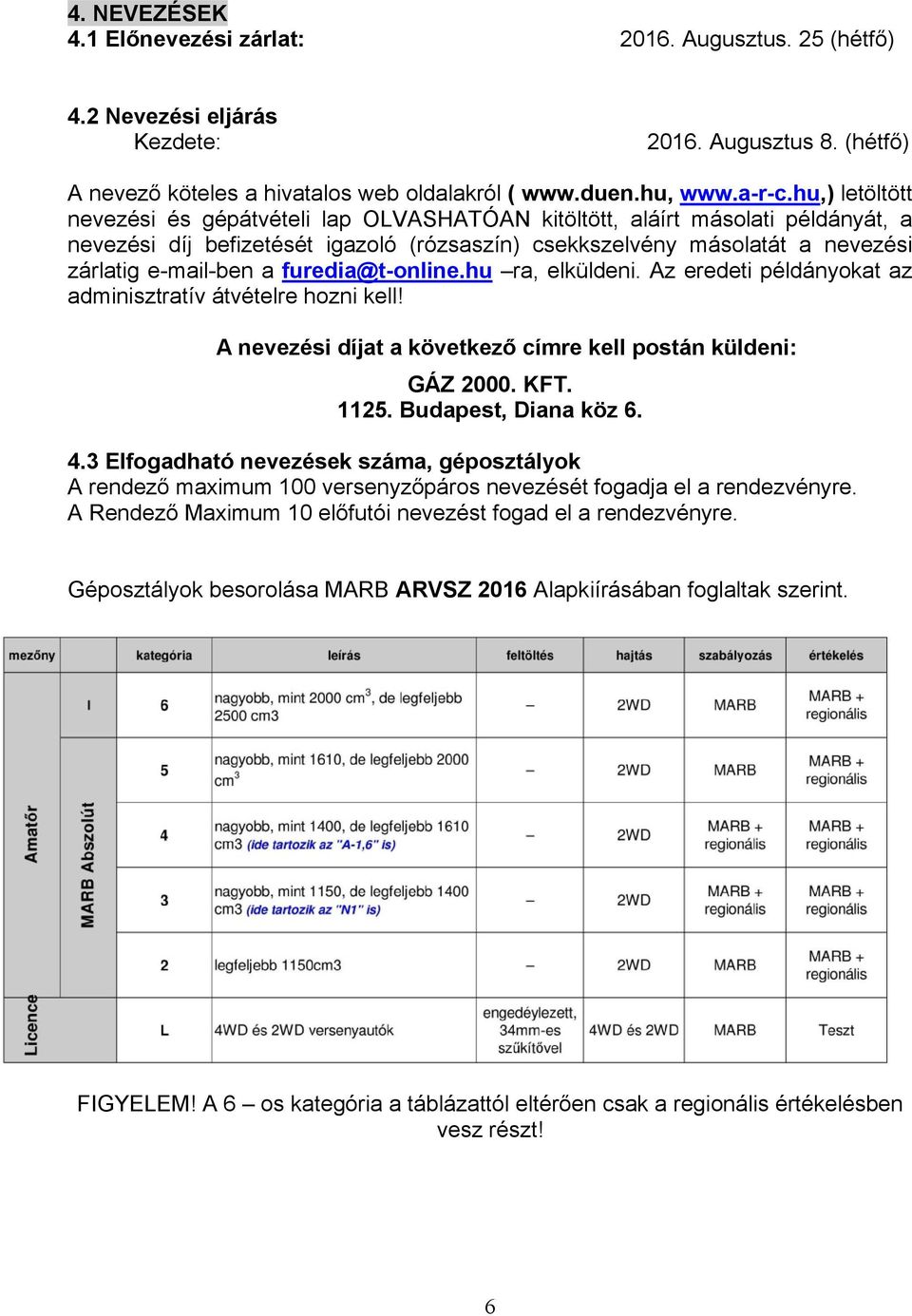 furedia@t-online.hu ra, elküldeni. Az eredeti példányokat az adminisztratív átvételre hozni kell! A nevezési díjat a következő címre kell postán küldeni: GÁZ 2000. KFT. 1125. Budapest, Diana köz 6. 4.