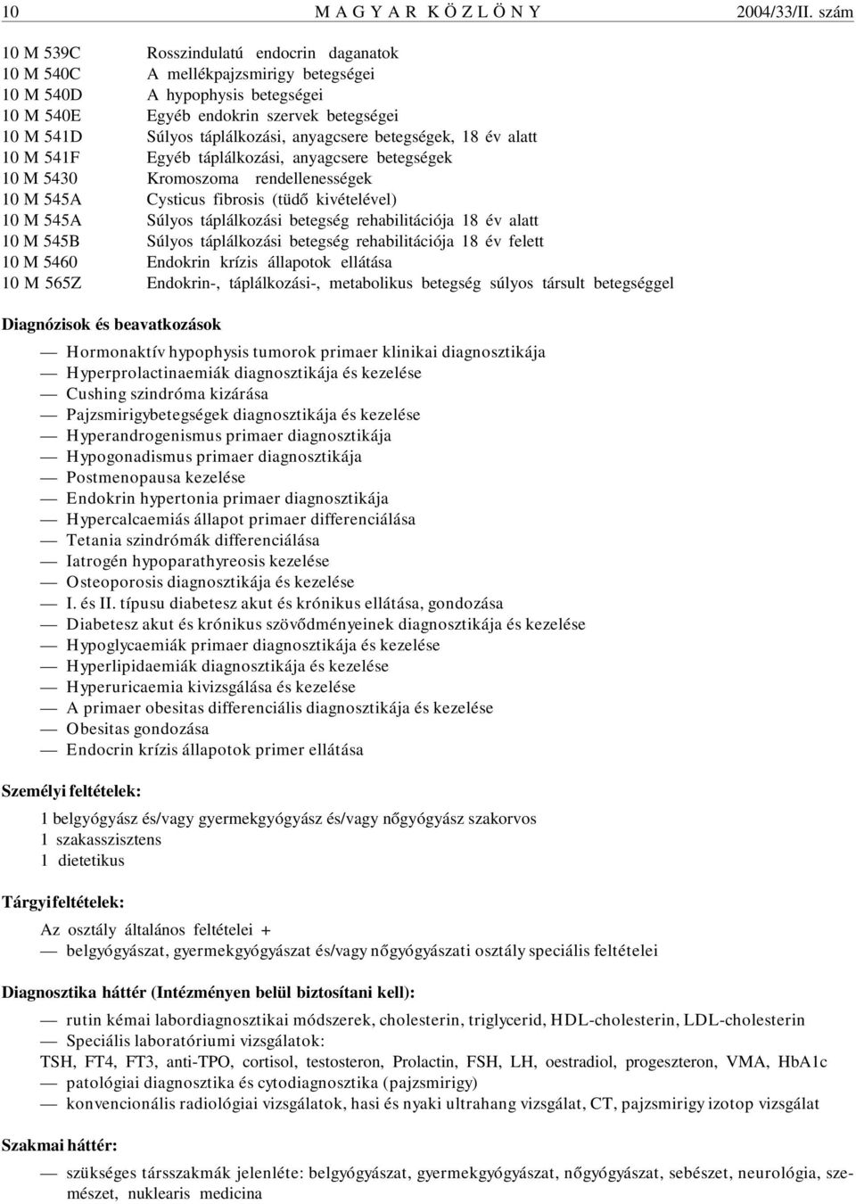 anyagcsere betegségek, 18 év alatt 10 M 541F Egyéb táplálkozási, anyagcsere betegségek 10 M 5430 Kromoszoma rendellenességek 10 M 545A Cysticus fibrosis (tüdõ kivételével) 10 M 545A Súlyos