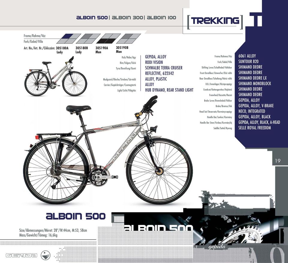 622X42 ALLOY, PLASTIC ALLOY HUB DYNAMO, REAR STAND LIGHT Front Derailleur/Umwerfwr/Elsô váltó SUNTOUR 820 SHIMANO DEORE SHIMANO DEORE SHIMANO DEORE LX