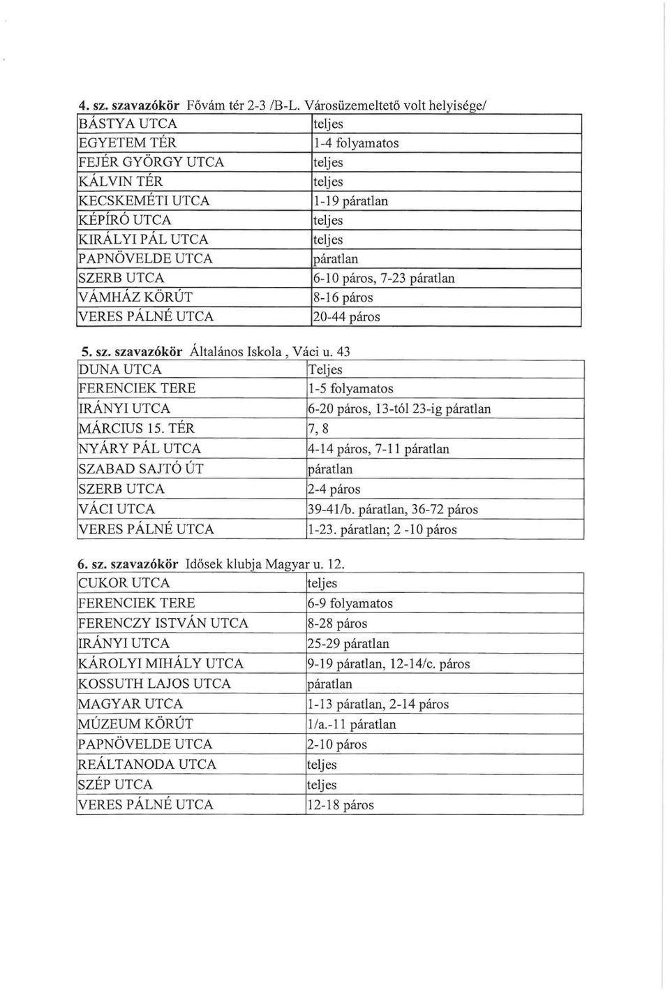 páros 20-44 páros 5. sz. szavazókör Általános Iskola, Váci u. 43 DUNA UTCA Teljes FERENClEK TERE 1-5 folyamatos IRÁNYIUTCA MÁRCIUS 15.