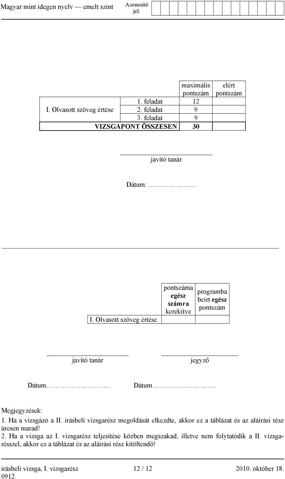 Ha a vizsgázó a II. írásbeli vizsgarész megoldását elkezdte, akkor ez a táblázat és az aláírási rész üresen marad! 2. Ha a vizsga az I.