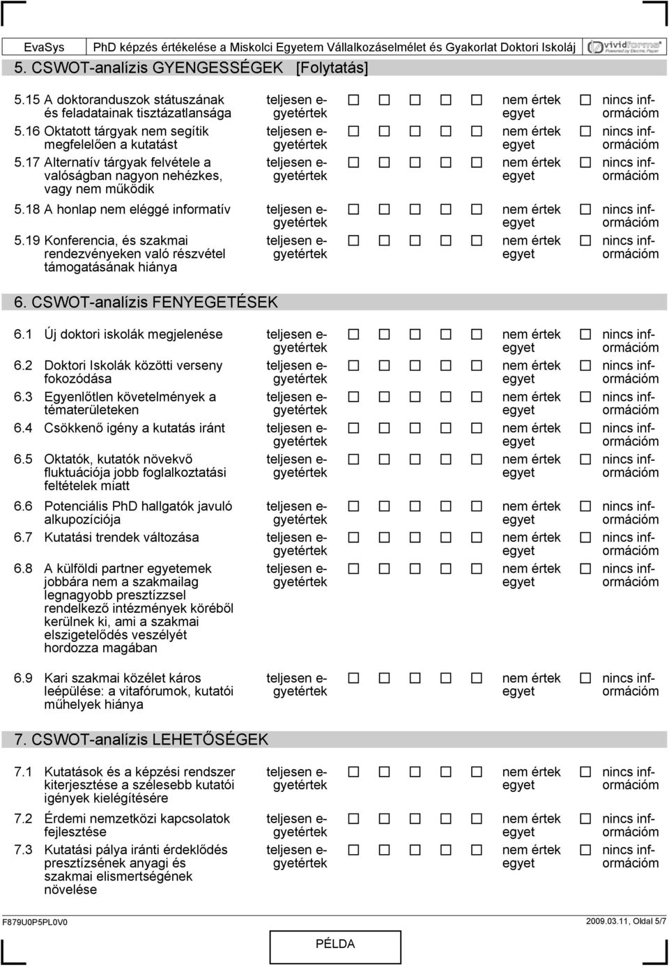 CSWOT-analízis FENYEGETÉSEK 6.1 Új doktori iskolák megjelenése 6.2 Doktori Iskolák közötti verseny fokozódása 6.3 Egyenlőtlen követelmények a tématerületeken 6.4 Csökkenő igény a kutatás iránt 6.