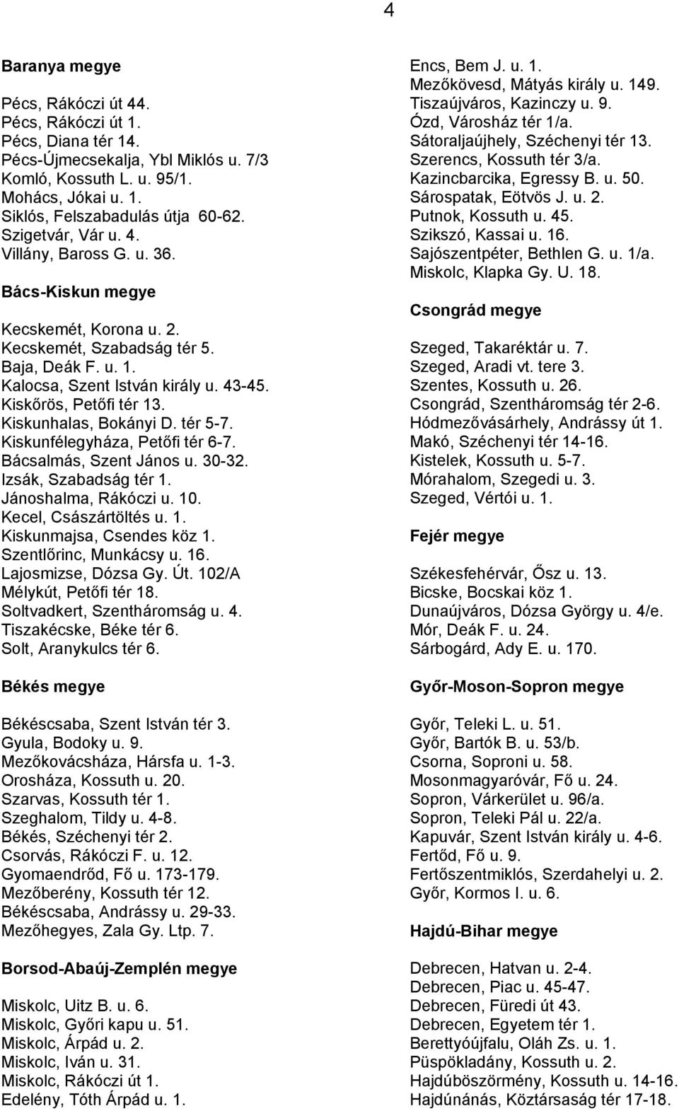 Kiskunhalas, Bokányi D. tér 5-7. Kiskunfélegyháza, Petőfi tér 6-7. Bácsalmás, Szent János u. 30-32. Izsák, Szabadság tér 1. Jánoshalma, Rákóczi u. 10. Kecel, Császártöltés u. 1. Kiskunmajsa, Csendes köz 1.