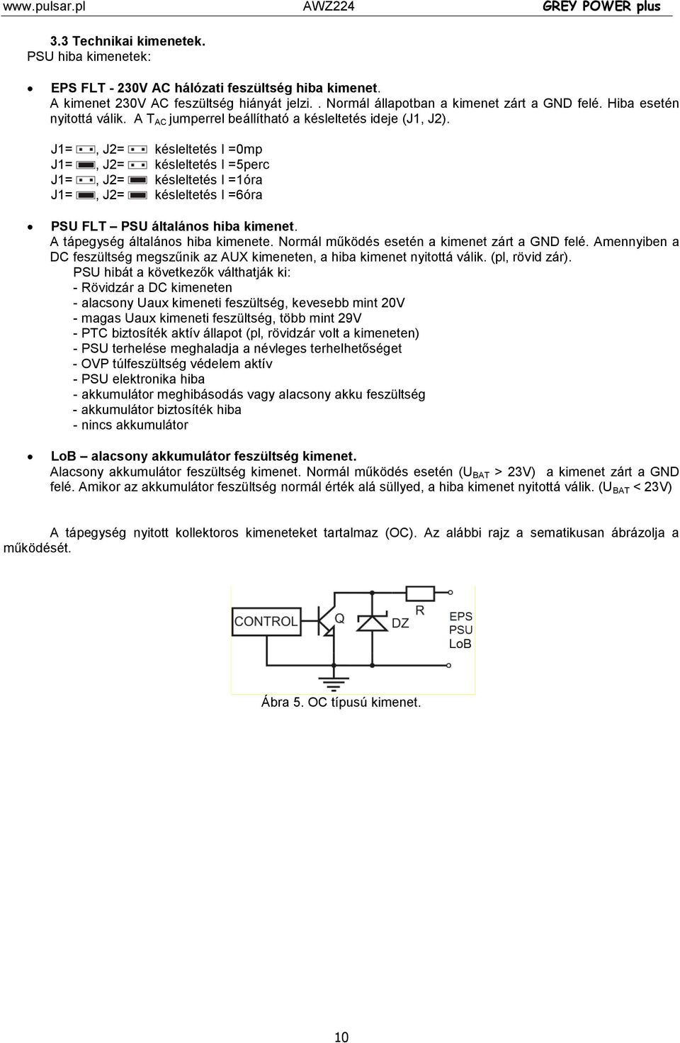 J1=, J2= késleltetés I =0mp J1=, J2= késleltetés I =5perc J1=, J2= késleltetés I =1óra J1=, J2= késleltetés I =6óra PSU FLT PSU általános hiba kimenet. A tápegység általános hiba kimenete.