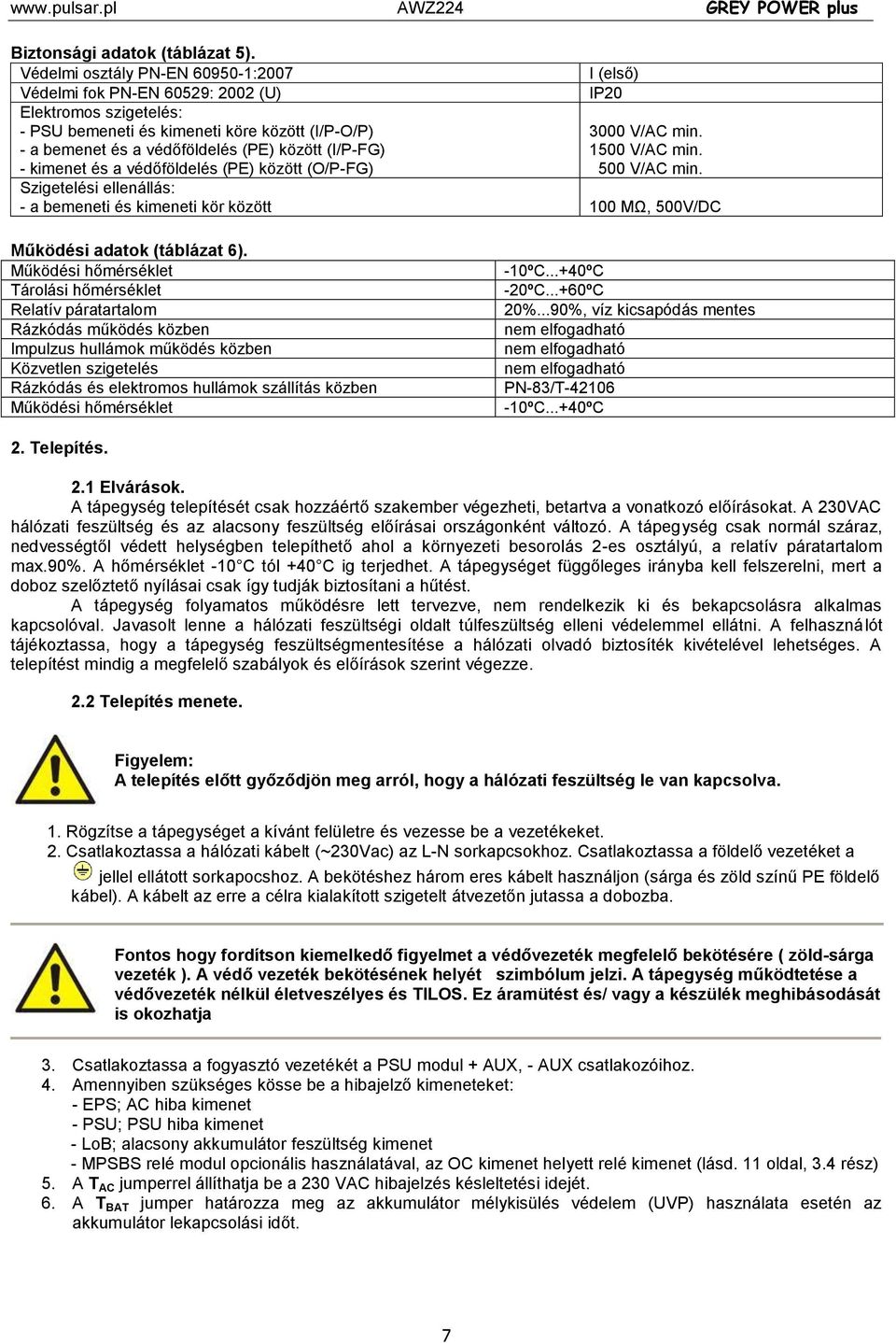 - a bemenet és a védőföldelés (PE) között (I/P-FG) 1500 V/AC min. - kimenet és a védőföldelés (PE) között (O/P-FG) 500 V/AC min.