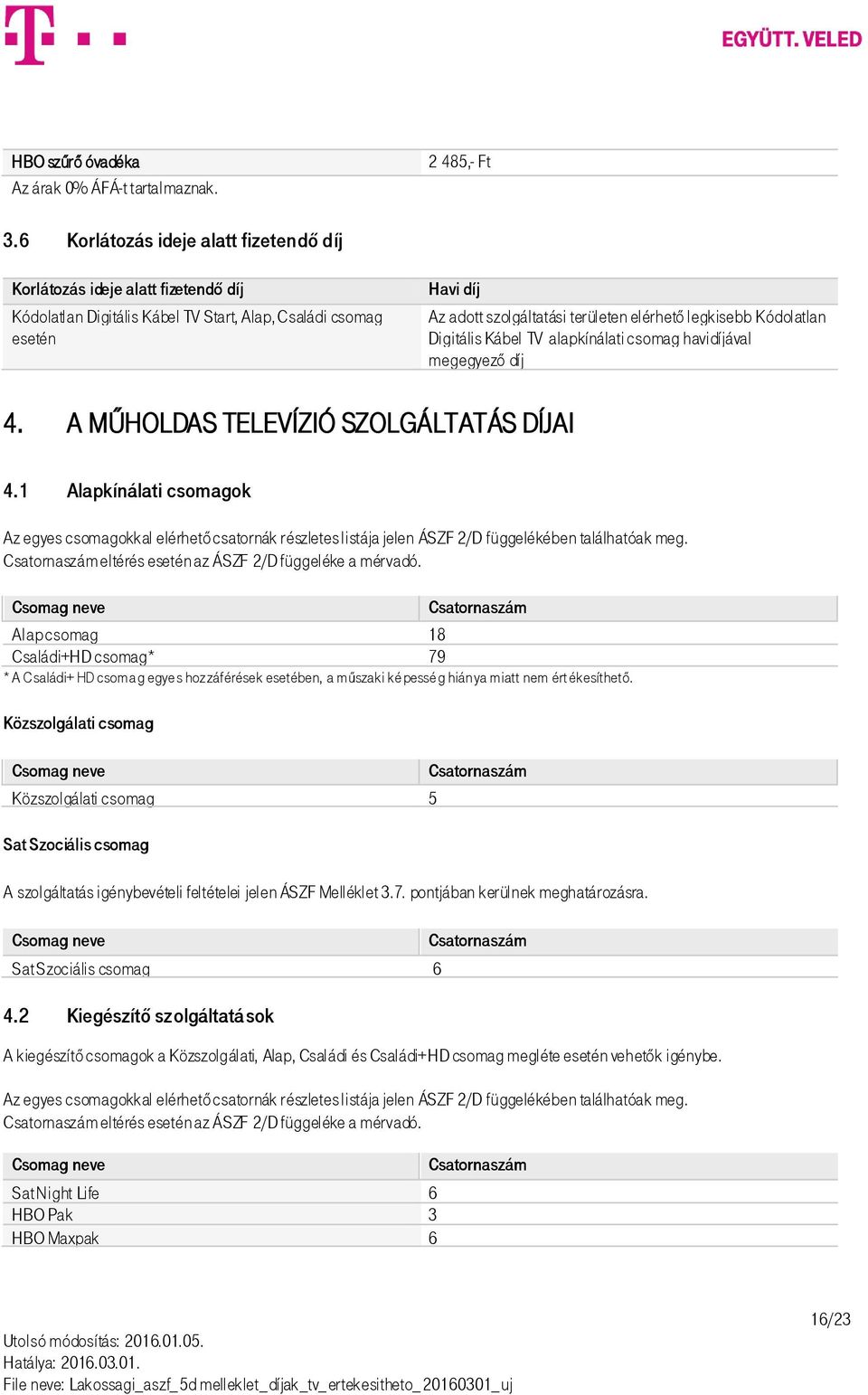 Kódolatlan Digitális Kábel TV alapkínálati csomag havidíjával megegyező díj 4. A MŰHOLDAS TELEVÍZIÓ SZOLGÁLTATÁS DÍJAI 4.