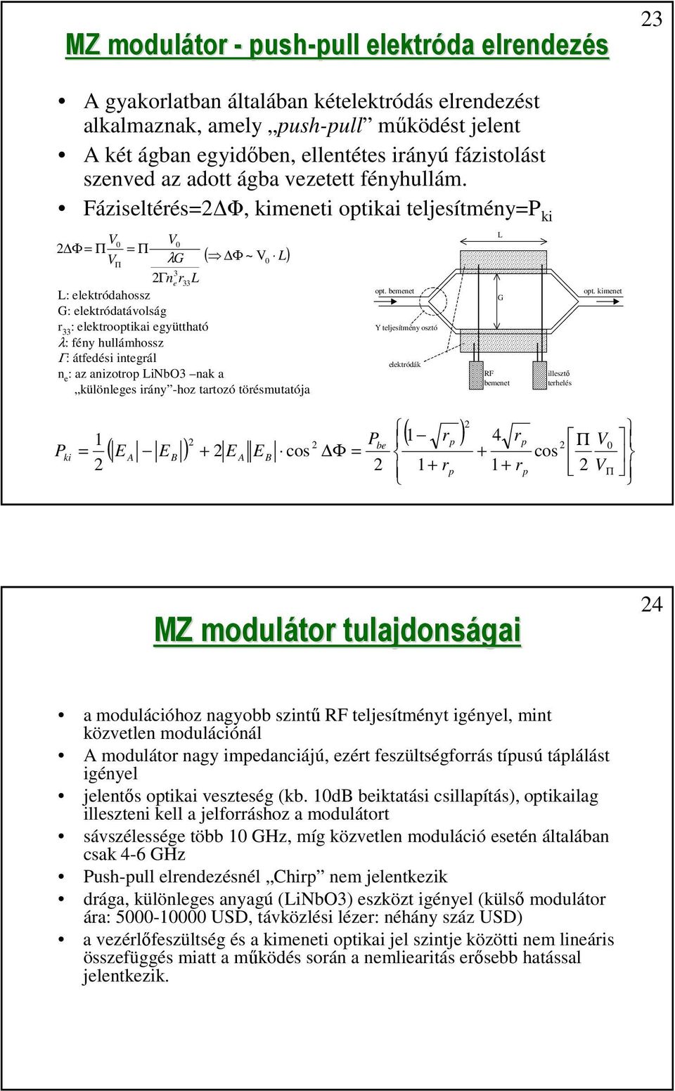 Fáziselérés= Φ, kimenei opikai eljesímény=p ki V V Φ = Π = Π V λ G ( Φ ~ V Π L) 3 Γn er33 L L: elekródahossz G: elekródaávolság r 33 : elekroopikai együhaó λ: fény hullámhossz Γ: áfedési inegrál n e