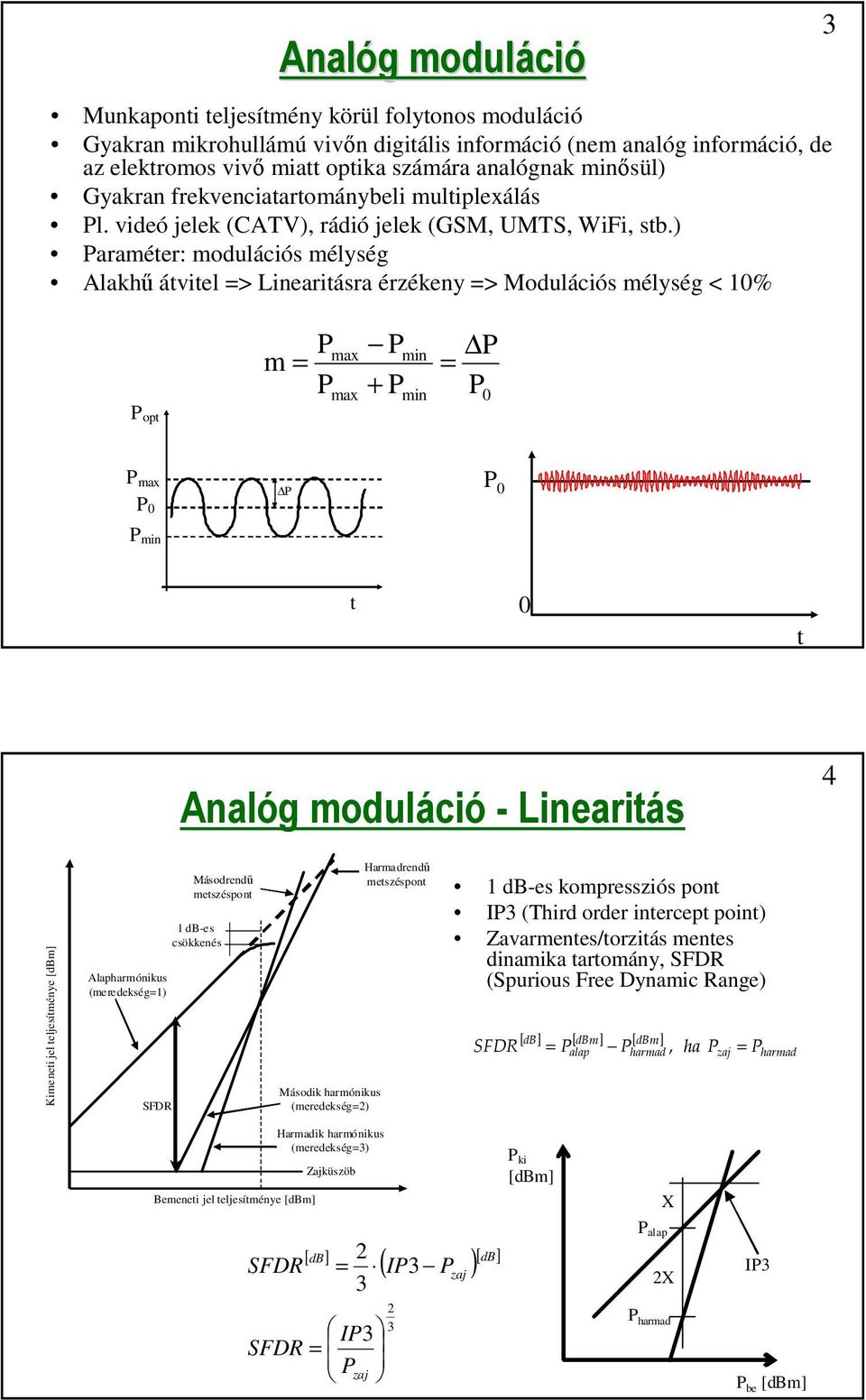 ) Paraméer: modulációs mélység Alakhű áviel => Lineariásra érzékeny => Modulációs mélység < 1% 3 P op P m = P max max P + P min min P = P P max P P min P P Analóg moduláció - Lineariás 4 Kimenei jel
