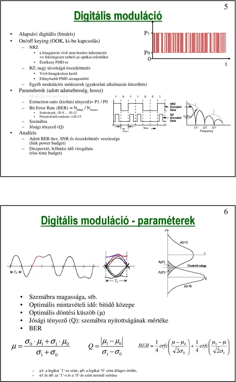 Exincion raio (kiolási ényező)= P1 / P Bi Error Rae (BER) = N hibás / N összes Szabványok: 1E-9 1E-1 Fényávközlő rendszer: <1E-15 Szemábra Jósági ényező (Q) Time Bi Analízis Time T Ado BER-hez, SNR