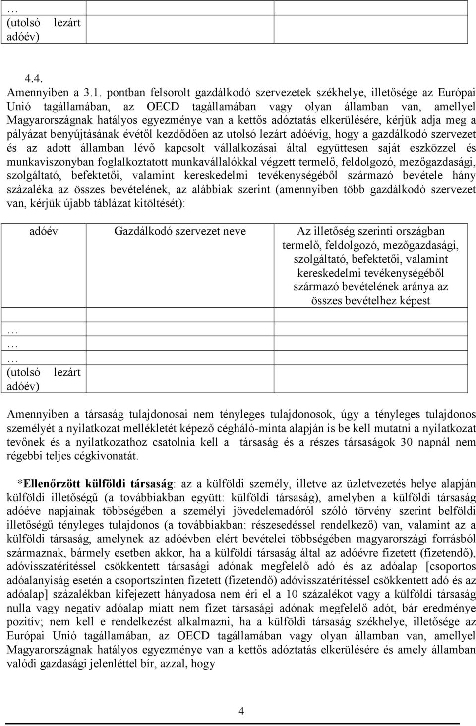 adóztatás elkerülésére, kérjük adja meg a pályázat benyújtásának évétől kezdődően az utolsó lezárt adóévig, hogy a gazdálkodó szervezet és az adott államban lévő kapcsolt vállalkozásai által