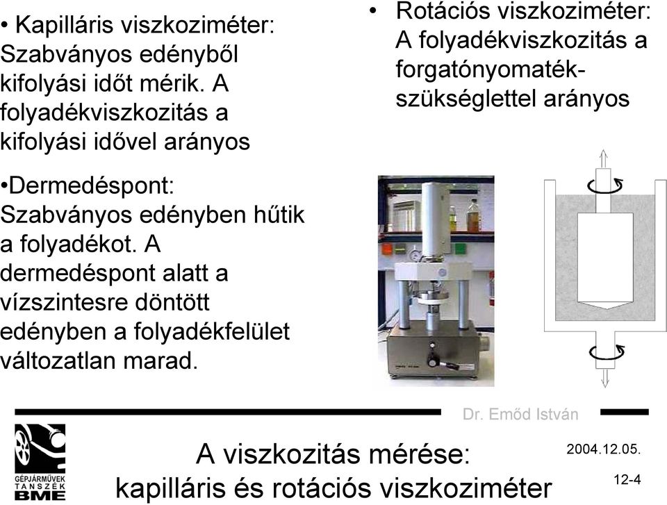forgatónyomatékszükséglettel arányos Dermedéspont: Szabványos edényben hűtik a folyadékot.