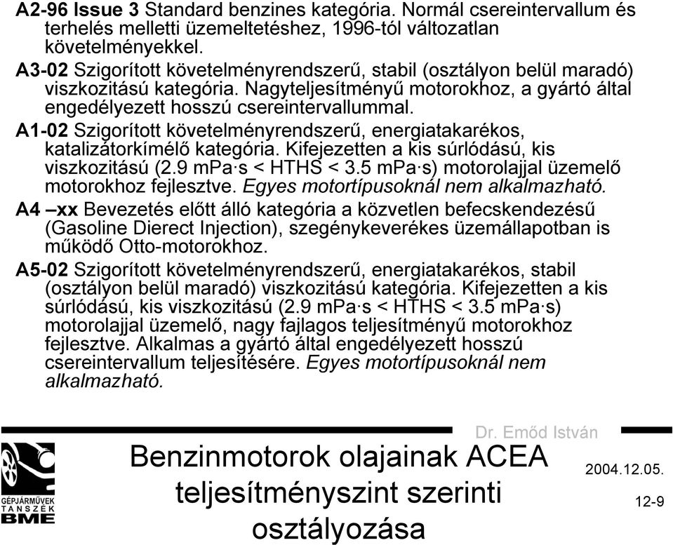 A1-02 Szigorított követelményrendszerű, energiatakarékos, katalizátorkímélő kategória. Kifejezetten a kis súrlódású, kis viszkozitású (2.9 mpa s < HTHS < 3.