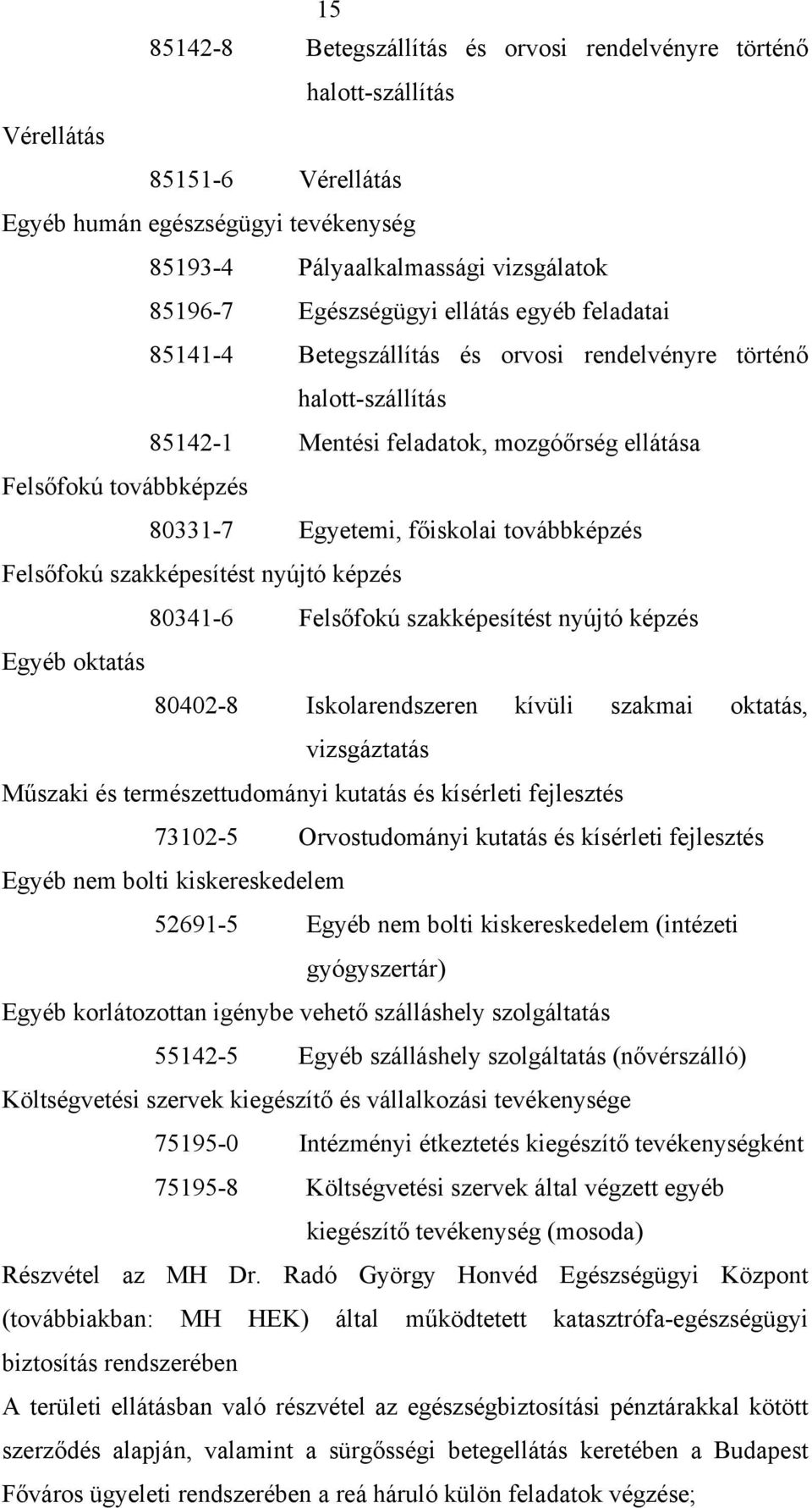 továbbképzés Felsőfokú szakképesítést nyújtó képzés 80341-6 Felsőfokú szakképesítést nyújtó képzés Egyéb oktatás 80402-8 Iskolarendszeren kívüli szakmai oktatás, vizsgáztatás Műszaki és