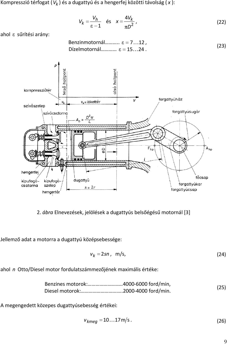ábra Elnevezések, jelölések a dugattyús belsőégésű motornál [] Jellemző adat a motorra a dugattyú középsebessége: v k sn, m/s, ()