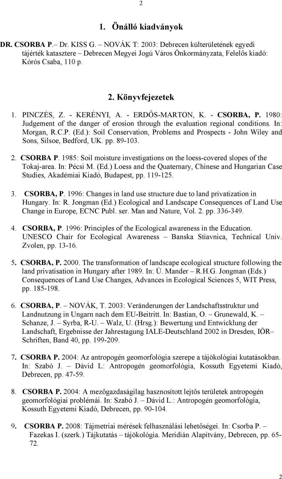): Soil Conservation, Problems and Prospects - John Wiley and Sons, Silsoe, Bedford, UK. pp. 89-103. 2. CSORBA P. 1985: Soil moisture investigations on the loess-covered slopes of the Tokaj-area.