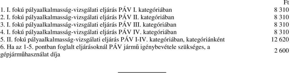 kategóriában 8 310 5. II. fokú pályaalkalmasság-vizsgálati eljárás PÁV I-IV. kategóriában, kategóriánként 12 620 6. Ha az 1-5.
