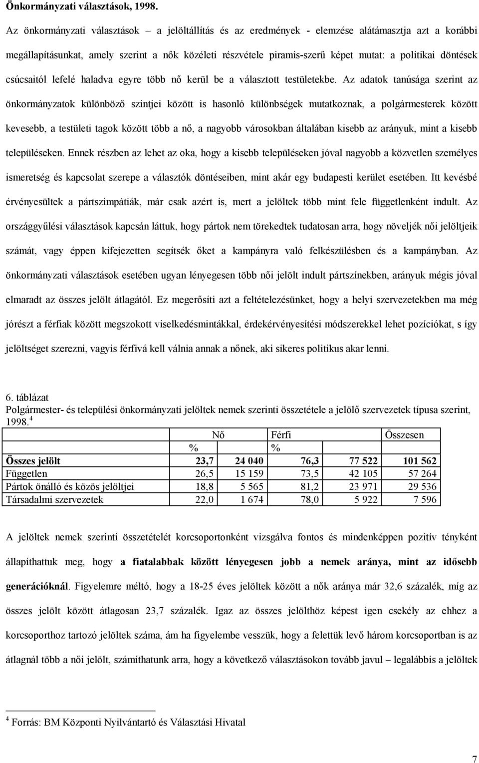 döntések csúcsaitól lefelé haladva egyre több nő kerül be a választott testületekbe.