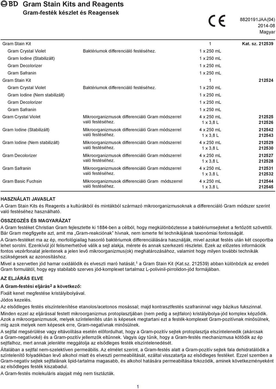 Gram Iodine (Nem stabilizált) Gram Iodine (Stabilizált) Gram Iodine (Nem stabilizált) Gram Basic Fuchsin 212525 212526 212542 212543 212529 212530 212527 212528 212531 212532 212544 212545 HASZNÁLATI