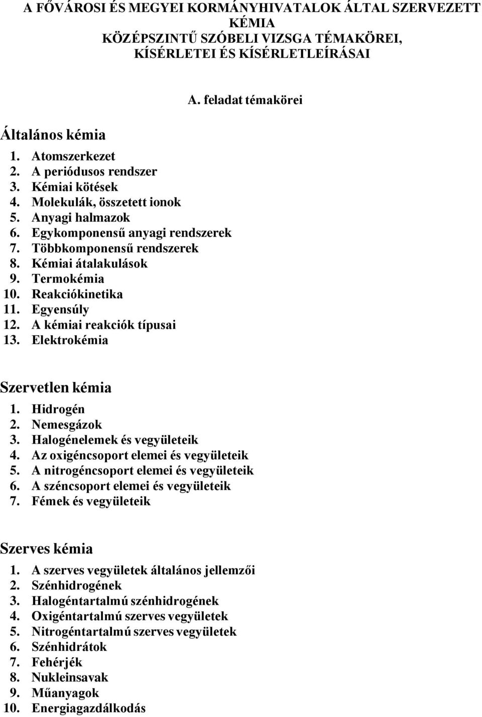 Egyensúly 12. A kémiai reakciók típusai 13. Elektrokémia A. feladat témakörei Szervetlen kémia 1. Hidrogén 2. Nemesgázok 3. Halogénelemek és vegyületeik 4. Az oxigéncsoport elemei és vegyületeik 5.