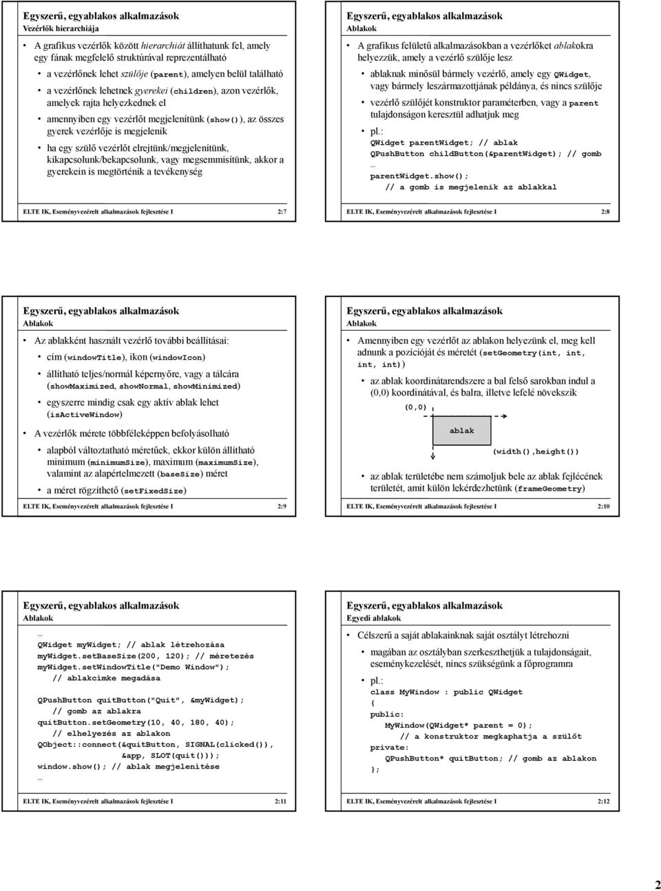 elrejtünk/megjelenítünk, kikapcsolunk/bekapcsolunk, vagy megsemmisítünk, akkor a gyerekein is megtörténik a tevékenység A grafikus felületű alkalmazásokban a vezérlőket ablakokra helyezzük, amely a
