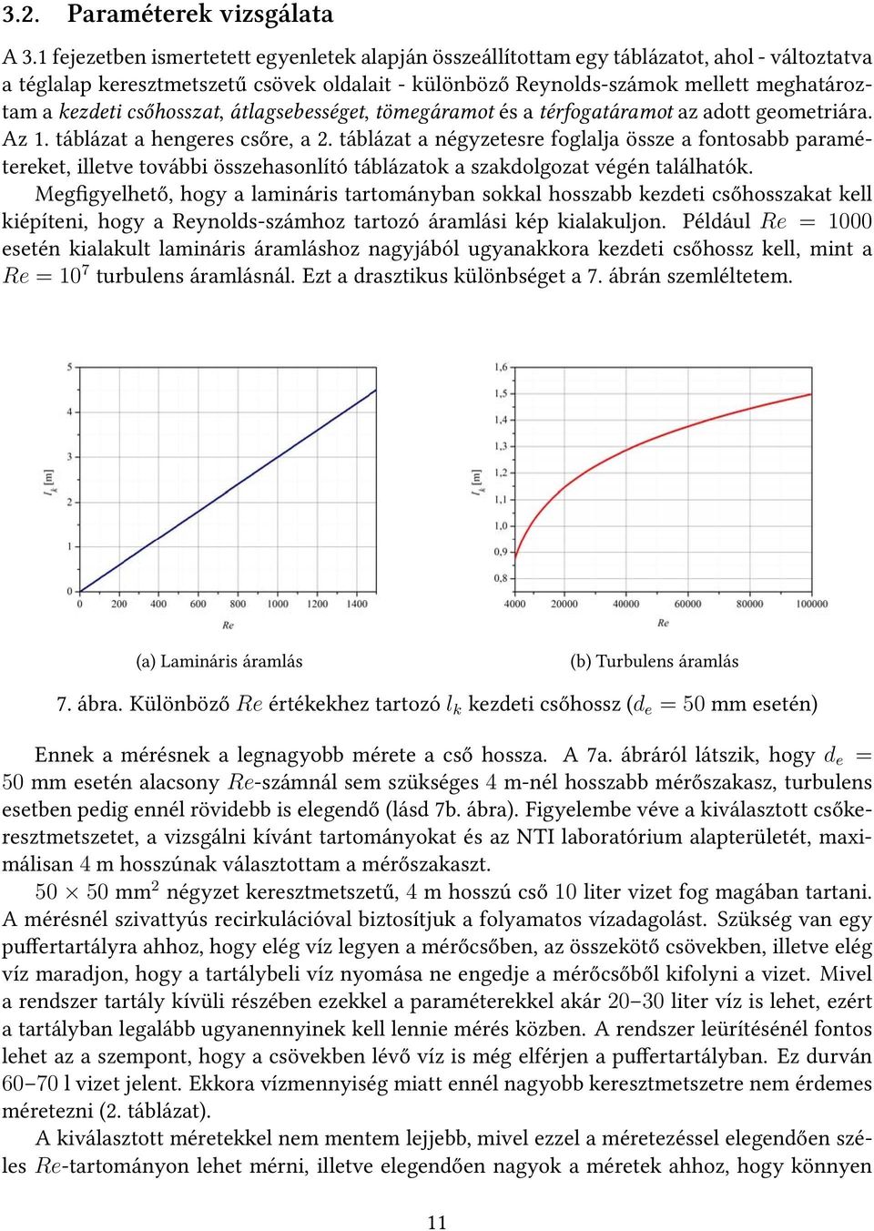 csőhosszat, átlagsebességet, tömegáramot és a térfogatáramot az adott geometriára. Az 1. táblázat a hengeres csőre, a 2.