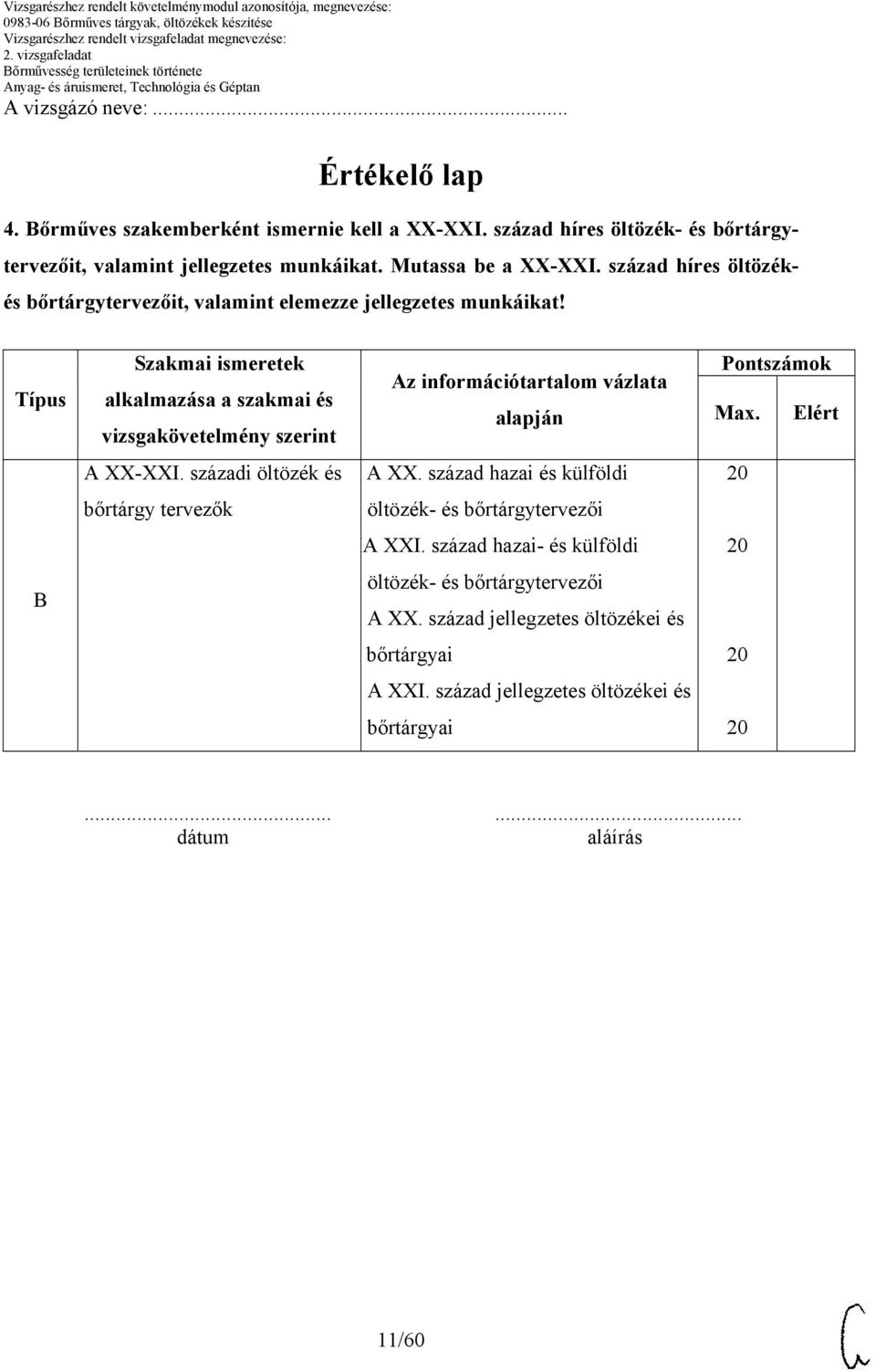 Típus Szakmai ismeretek alkalmazása a szakmai és vizsgakövetelmény szerint z információtartalom vázlata alapján Pontszámok Max. Elért XX-XXI.