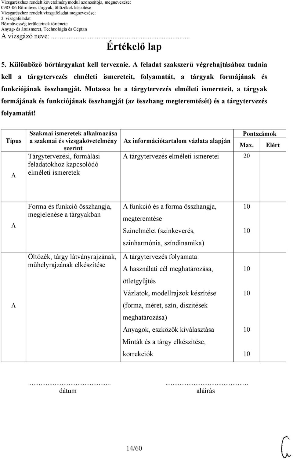 Típus Szakmai ismeretek alkalmazása a szakmai és vizsgakövetelmény szerint Tárgytervezési, formálási feladatokhoz kapcsolódó elméleti ismeretek Pontszámok z információtartalom vázlata alapján Max.