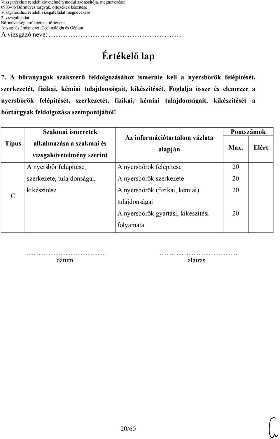 Típus Szakmai ismeretek alkalmazása a szakmai és vizsgakövetelmény szerint z információtartalom vázlata alapján Pontszámok Max.