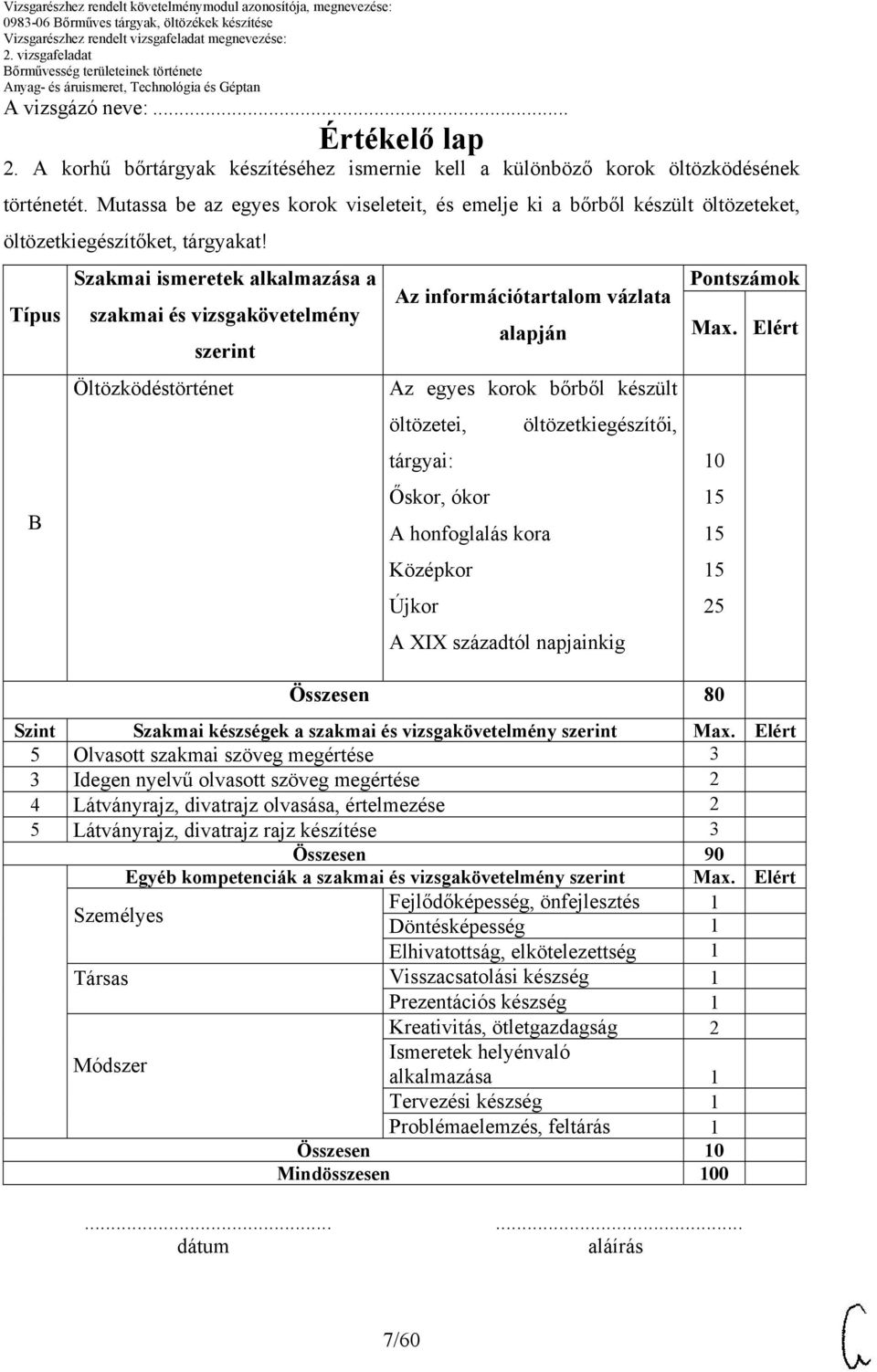 Típus B Szakmai ismeretek alkalmazása a szakmai és vizsgakövetelmény szerint Öltözködéstörténet z információtartalom vázlata alapján z egyes korok bőrből készült öltözetei, öltözetkiegészítői,