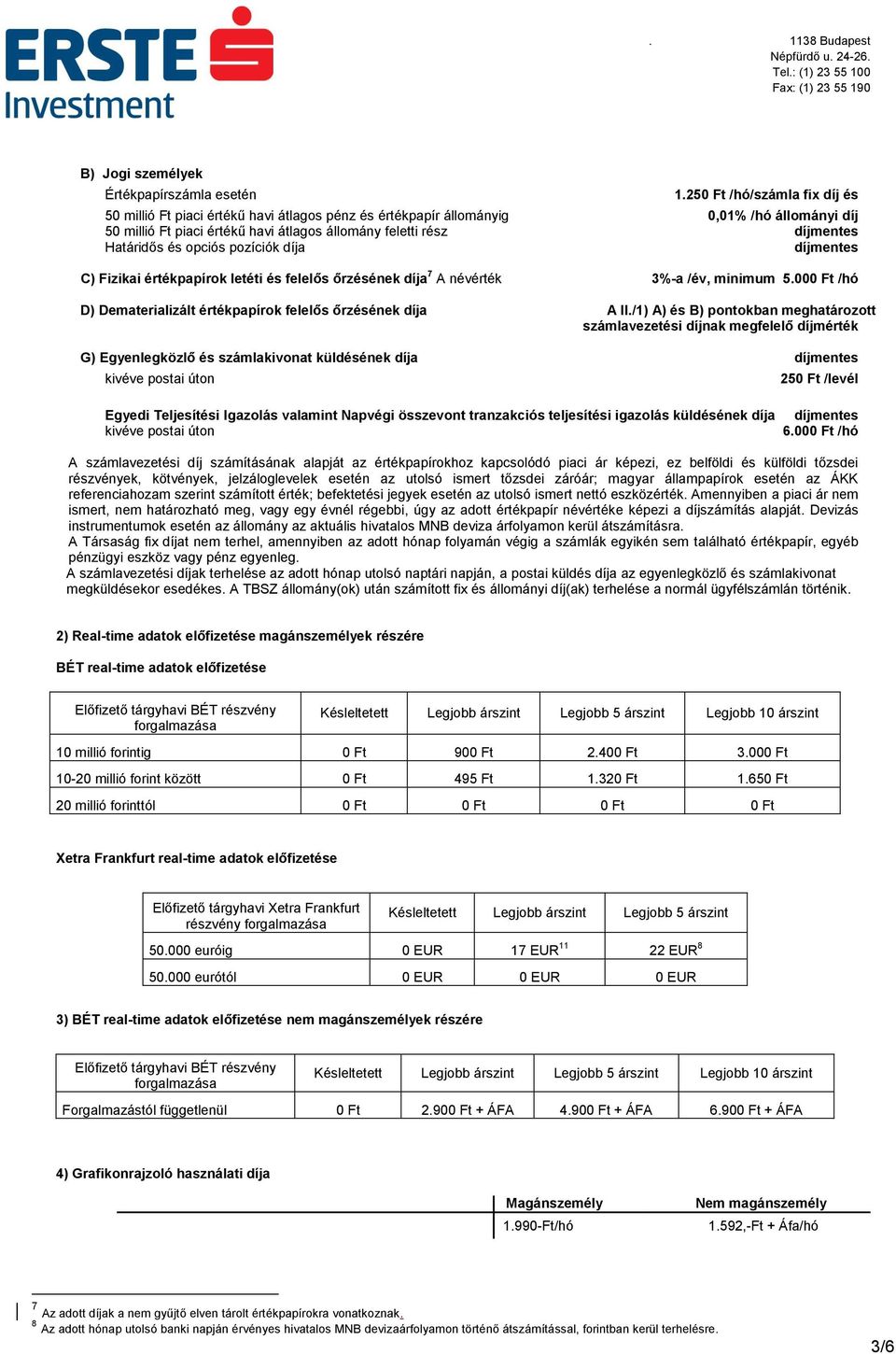 Határidős és opciós pozíciók díja díjmentes C) Fizikai értékpapírok letéti és felelős őrzésének díja 7 A névérték 3%-a /év, minimum 5.