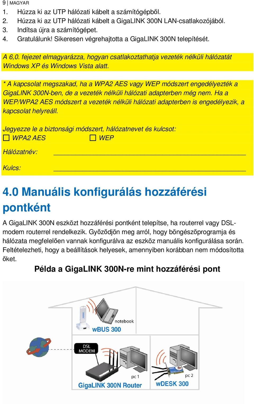 * A kapcsolat megszakad, ha a WPA2 AES vagy WEP módszert engedélyezték a GigaLINK 300N-ben, de a vezeték nélküli hálózati adapterben még nem.