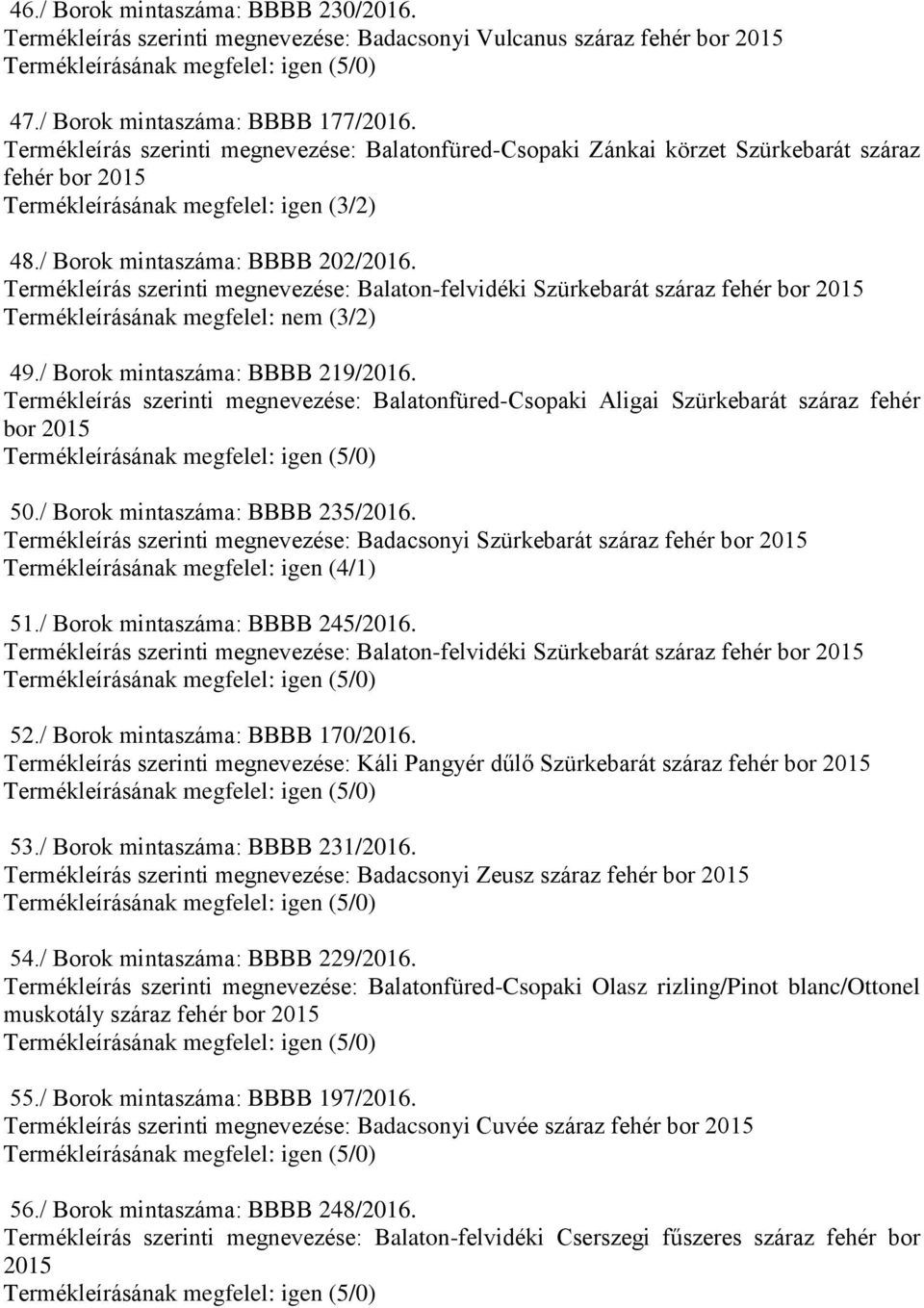 Termékleírás szerinti megnevezése: Balaton-felvidéki Szürkebarát száraz Termékleírásának megfelel: nem (3/2) 49./ Borok mintaszáma: BBBB 219/2016.