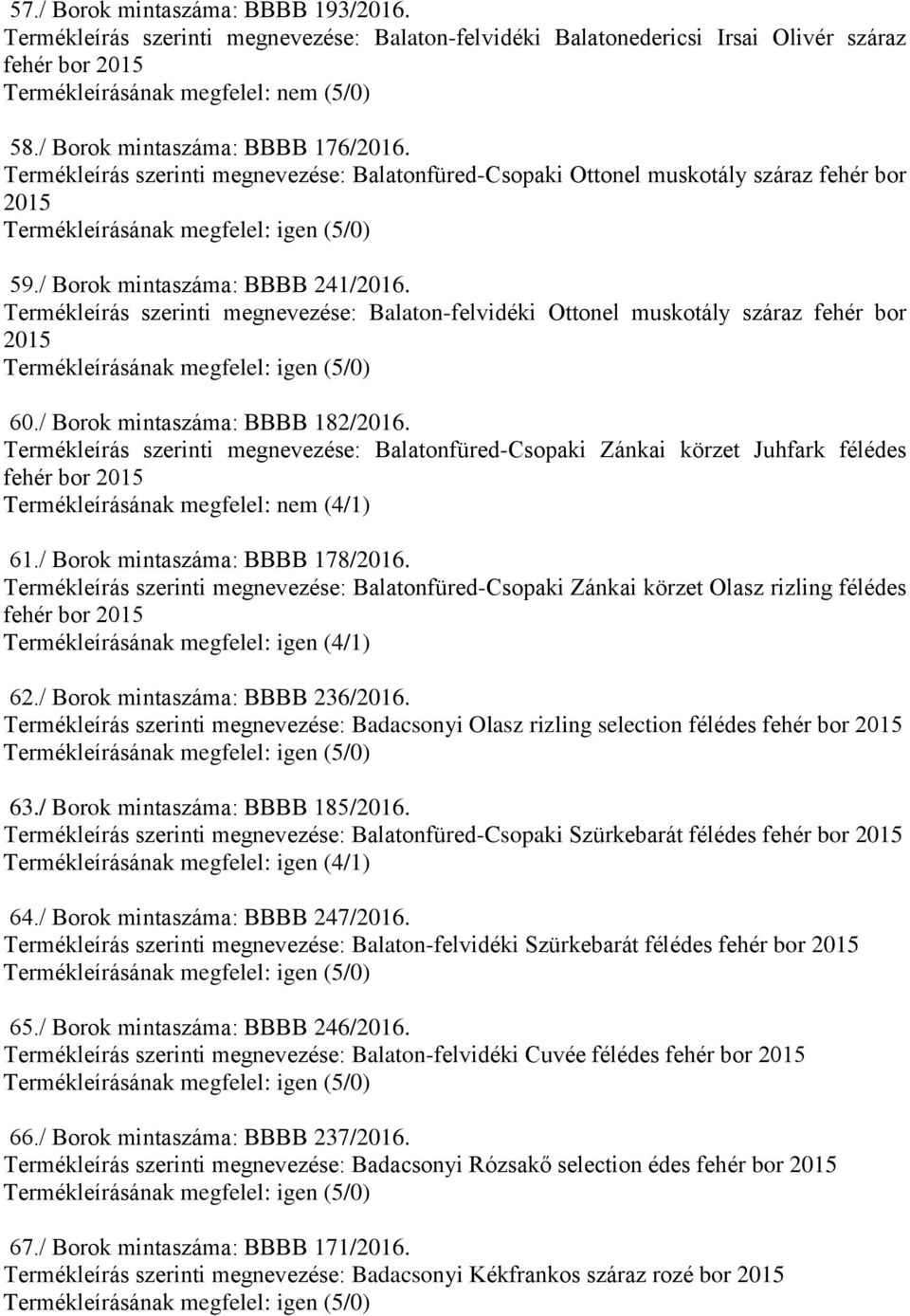 Termékleírás szerinti megnevezése: Balaton-felvidéki Ottonel muskotály száraz fehér bor 60./ Borok mintaszáma: BBBB 182/2016.