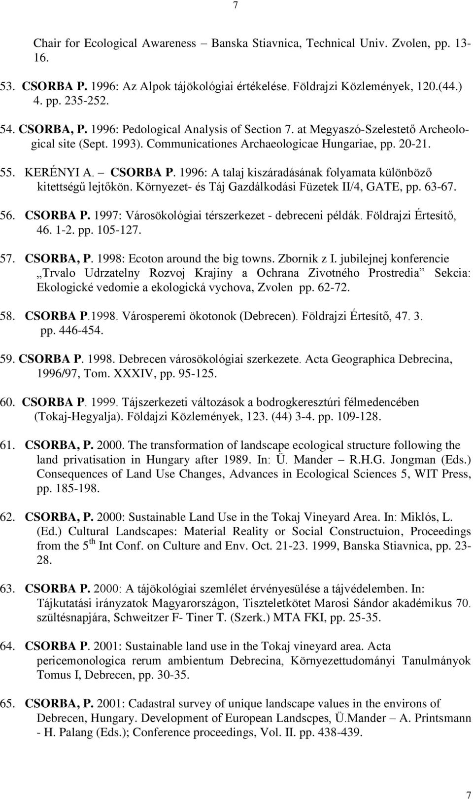 1996: A talaj kiszáradásának folyamata különböző kitettségű lejtőkön. Környezet- és Táj Gazdálkodási Füzetek II/4, GATE, pp. 63-67. 56. CSORBA P. 1997: Városökológiai térszerkezet - debreceni példák.